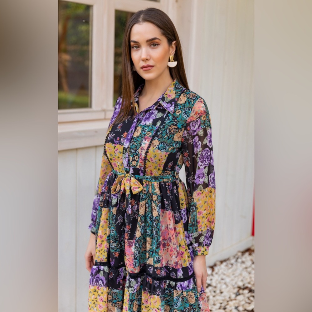 ZARA Amelia Patchwork Floral Button Front Tie Dre… - image 3